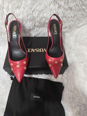 Versace Red Leather Pointed Toe Slingback Pumps